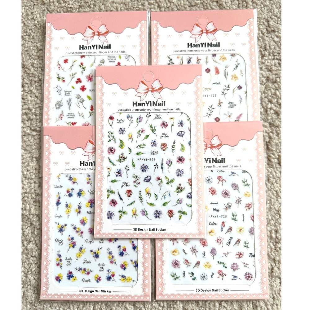 HanYi Nail 3D Floral Nail Art Stickers Decals Wildflowers Birds 5 Sheets Set